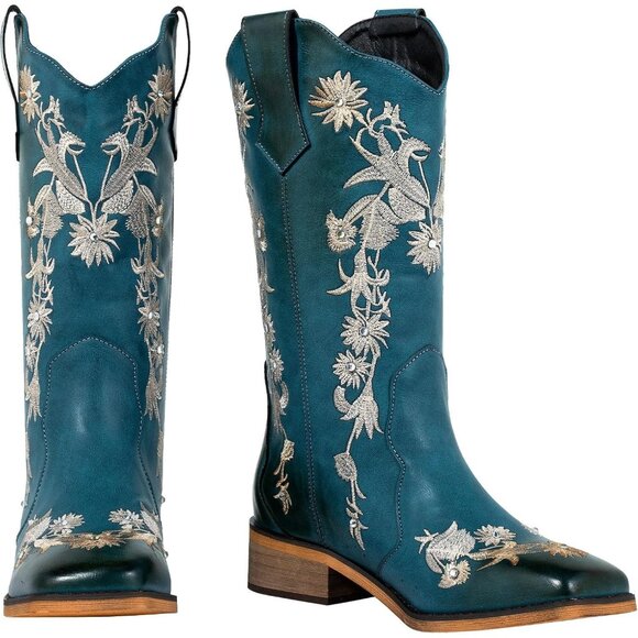 SheSole Womens Blue Ladies Cowgirl Boots Cowboy Mid Calf Square Toe - Picture 5 of 9